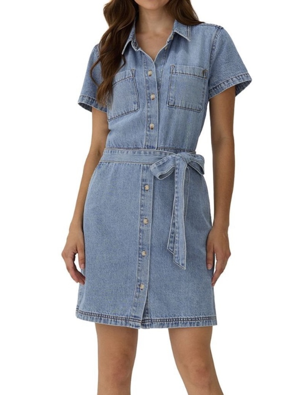 Frye Light Blue Denim Shirt Dress with Tie Waist